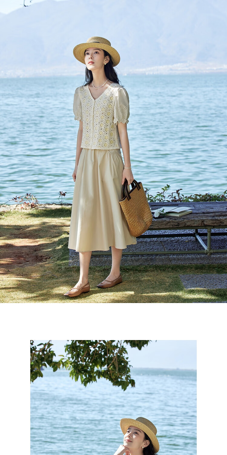INMAN Summer Casual High-Waisted A-Line Skirt for Women, Elastic Waist, Loose Fit, Slimming, Mid-Length Skirt, Dark Khaki, Size S 13