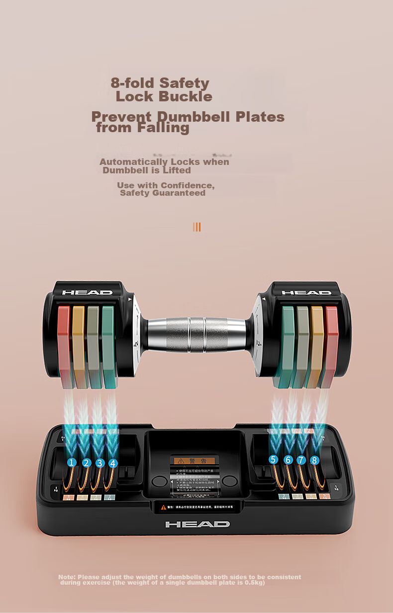 HEAD Intelligent Quick-Adjust Dumbbell Set, Adjustable Men's Home Fitness Equipment, Pure Steel Rainbow Dumbbells 25kg 14