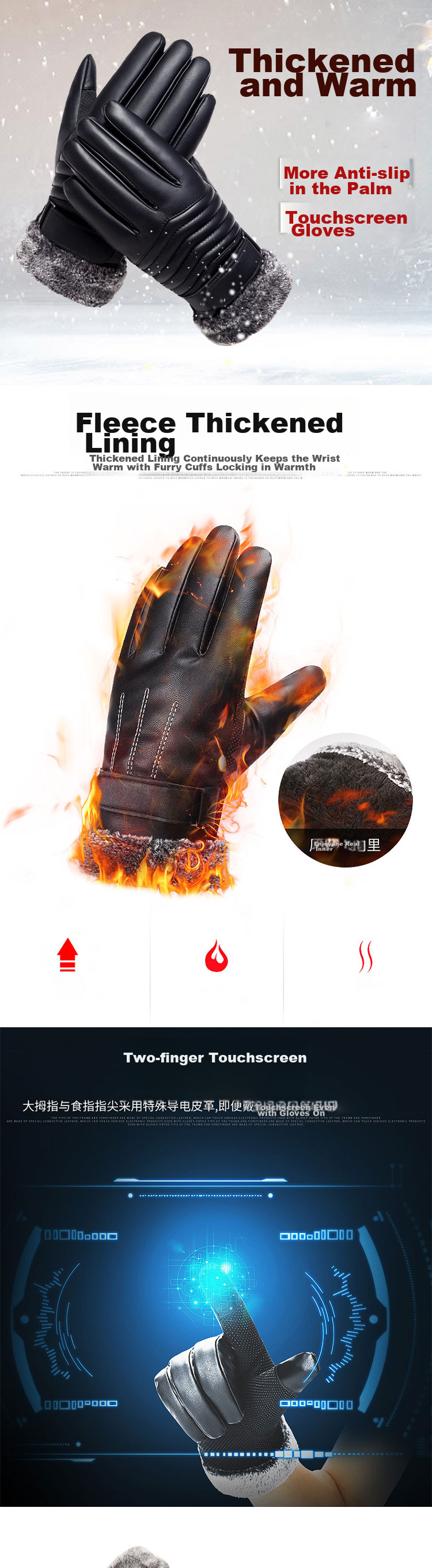 BWNK Leather Gloves for Men, Winter Korean Style, Fleece-Lined Thickened Warm Touchscreen Compatible Outdoor Motorcycle Cotton Gloves, Black 1
