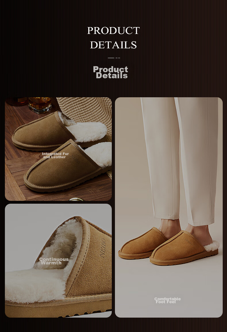 NEIBO [Cold-Resistant And Warm] Sheepskin And Wool Integrated Slippers for Men, Winter Indoor And Outdoor Wear, High-Quality Latex, Odor-Free, Chestnut Color, Size 44 26
