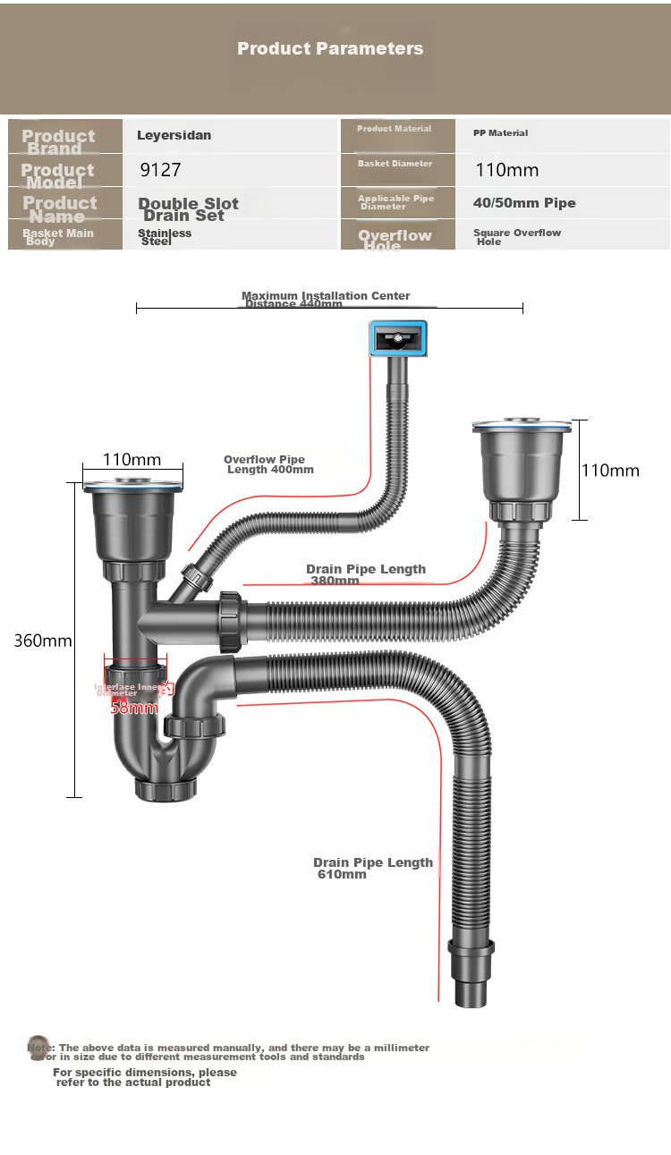 Larsd Kitchen Sink Drain Pipe Set for Double Sink, Dishwashing Basin Drainage Kit Accessories 9127 17