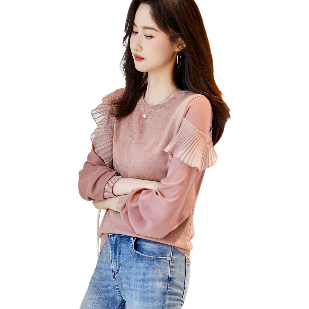 Dme [Containing Fluffy Wool] Spring And Autumn Stylish Spliced Sweater, Concealing Body Shape, Slimming Effect, Elegant Knitted Sweater for Women with High-End Feel