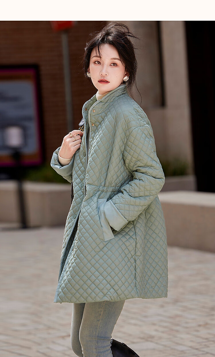 Dme [Quilted Diamond-Patterned Cotton Coat] Winter Stand-Collar Loose Drop-Shoulder Anti-Chafe Padded Jacket for Women, Mid-Length Style, Black, Size M 15