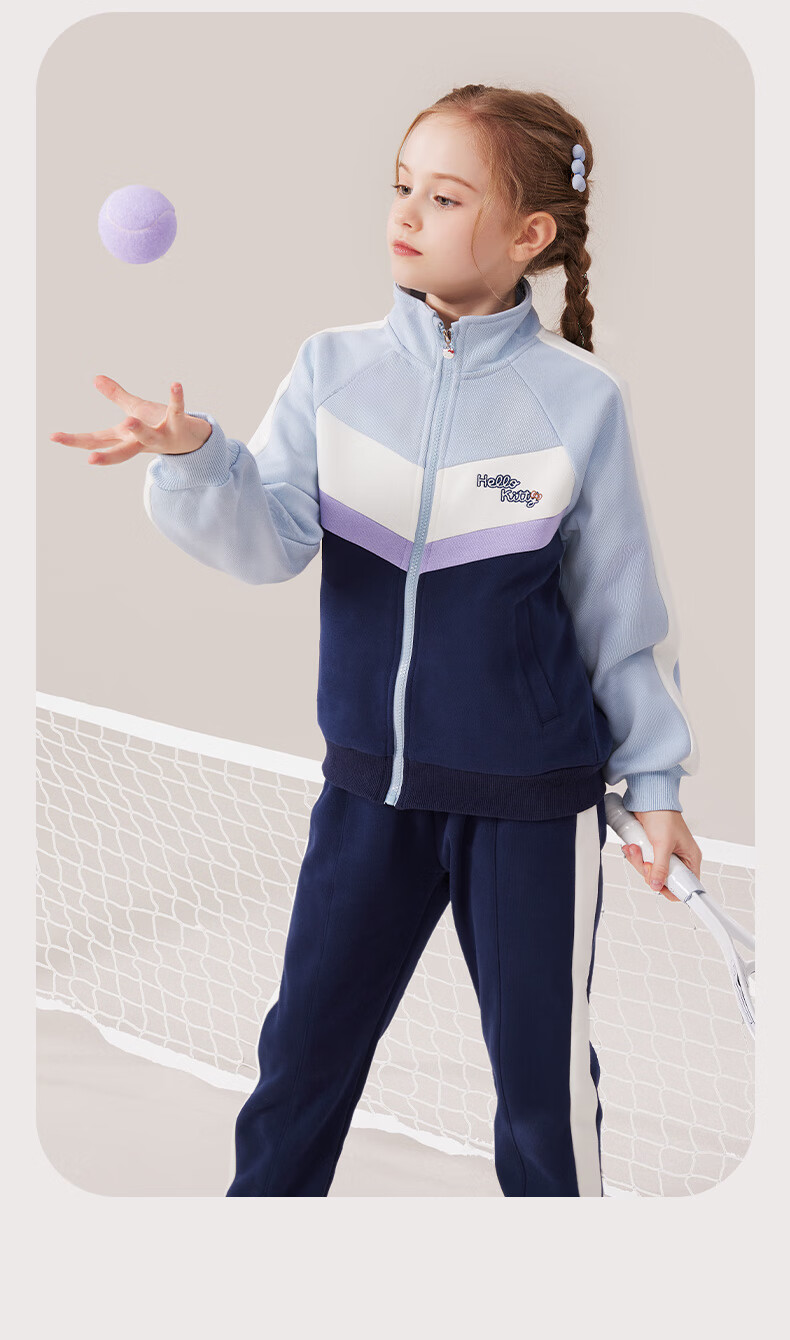Hello Kitty Girls' Sportswear Set Children's Jacket Spring Autumn Big Kids Sweatshirt Sports Pants Sportswear Two-Piece Set 074 Blue 110 10
