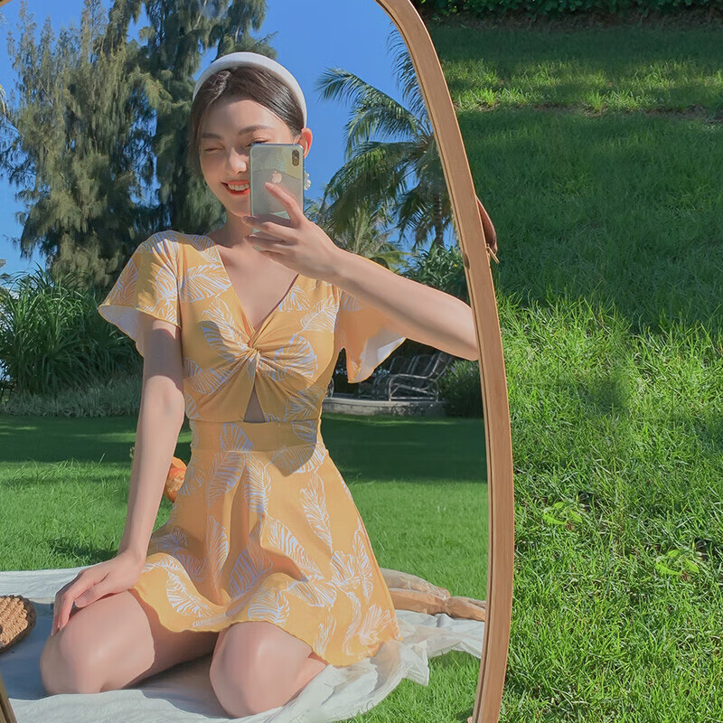 亦美珊泳衣女遮肚显瘦保守连体时尚泳装温泉游泳衣 YMS209369 黄色 S