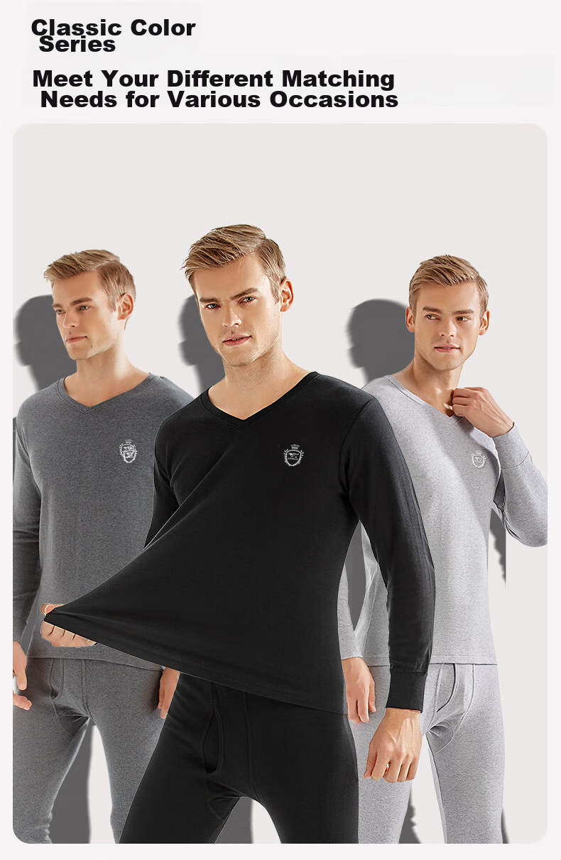 SEPTWOLVES [Antibacterial] Men's Autumn And Winter Thermal Underwear Set, Pure Cotton V-Neck Long Johns And Pants 17