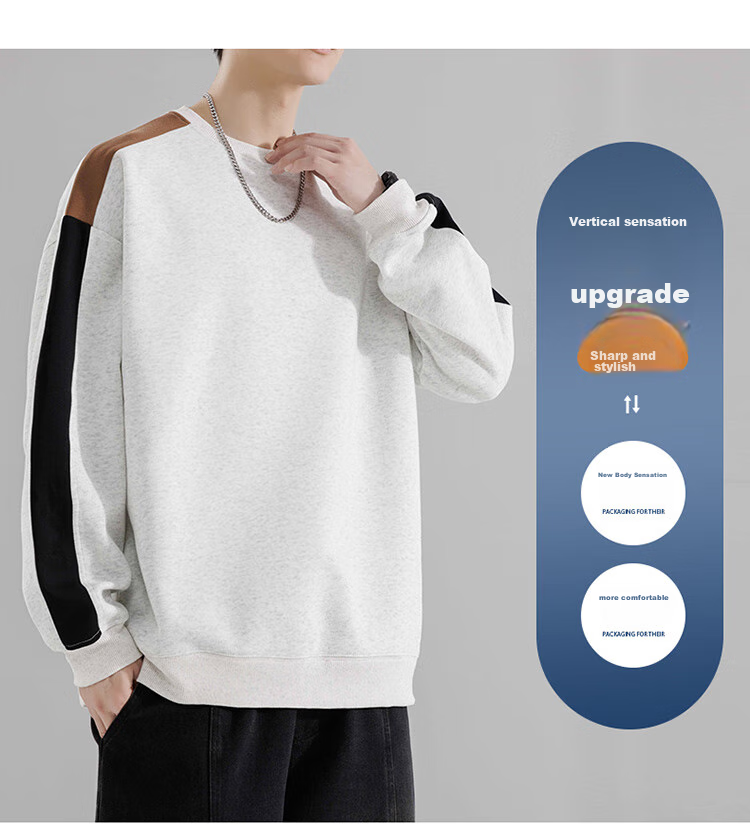 Foss Phil Crew Neck Sweatshirt for Men, Spring And Autumn Loose Casual Patchwork Color-Block Trendy T-Shirt Top 8883 Black M 3