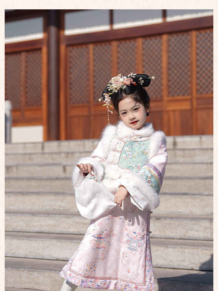 Qibo Girls' New Year Winter Outfit 2026 Imperial Dream Pink (Qipao + Vest) Size 120 5