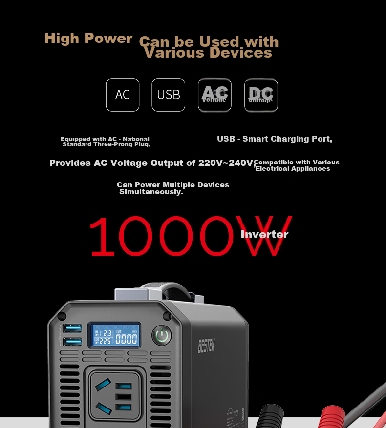 BESTEK Inverter High-Power Car Power Converter 12V to 220V True Rating 1000W Outdoor Power Equipment 9