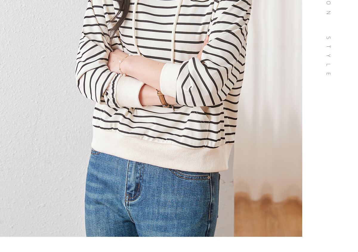 Chushen Women's Hoodie, Contrasting Colors, Drawstring Hood, Korean Style Stripes, Simple Elegant Fashion Versatile Top S141W1012 11