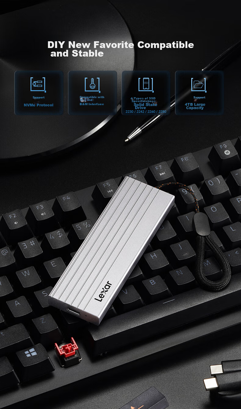 Lexar M.2 NVMe/SATA Dual-Protocol Portable Hard Drive Enclosure with Type-C Transfer, Compatible with Laptops And Apple 17-Inch External SSD Hard Drive Enclosure, Metal Heat Dissipatio 2