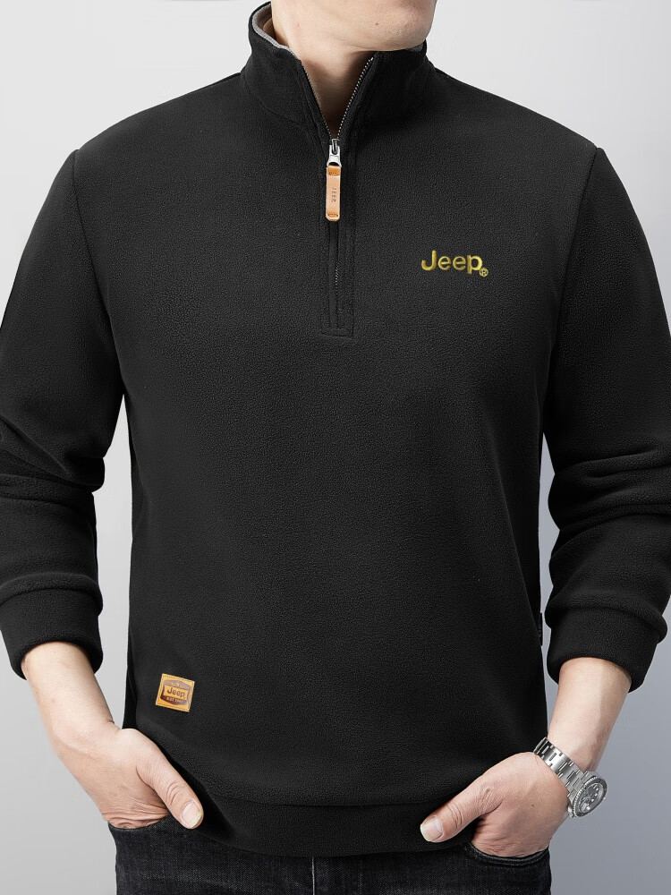 JEEP Fleece-Lined Sweatshirt for Men, Loose Long-Sleeve T-Shirt, Men's Trendy Clothing, Style 053, Black, 2XL 4