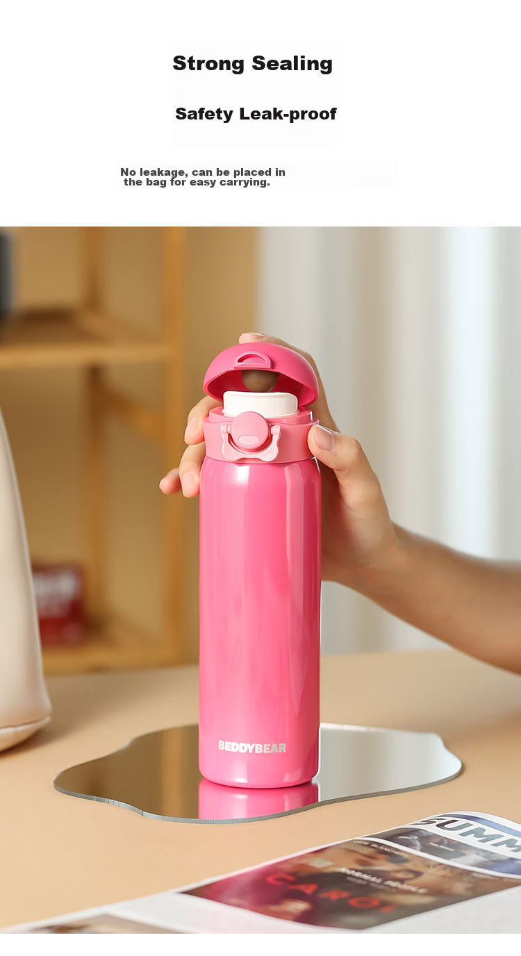 BEDDYBEAR Flip-Top Direct Drinking Insulated Cup, 316 Stainless Steel, Portable Water Bottle for Men And Women, Car-Mounted Student Cup, 470ML, Crescent White 5