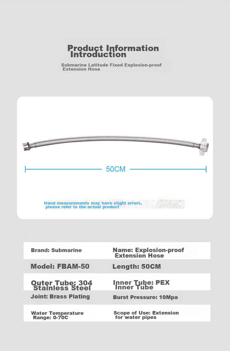 Submarine FBAM-50 Inlet Extension Pipe, Stainless Steel Water Inlet Extension Tube, Faucet Water Supply Pipe for Both Cold And Hot Water 9
