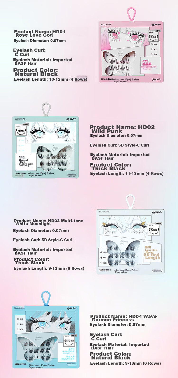 BLJ Glue-Free False Eyelashes, 32 Clusters, Natural Blooming Effect without Stems, Puffy Eyes, Beginner-Friendly, No Need to Remove, HD01 24