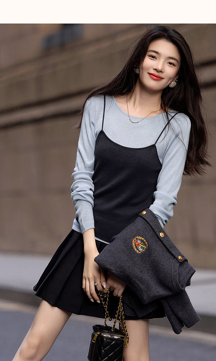 Dme [Raspberry Macaron] Spring And Autumn Girly Faux Two-Piece with Wool Sweater, Lightweight Knit Top for Young Wome 19