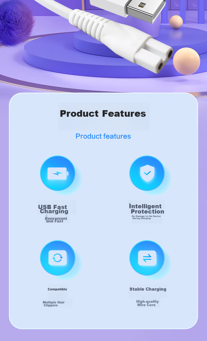 Chaofan Compatible with Enssu Children's Hair Clipper Charging Cable, Charger for ES969, ES825, ES828A, ES999 Electric Trimmer, USB Power Cord 2