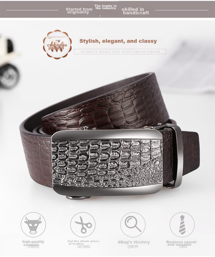 Cattlesboss Men's Leather Belt with Automatic Buckle, Alligator Pattern Business Belt 7075 Gift Elegant Black 110cm 2
