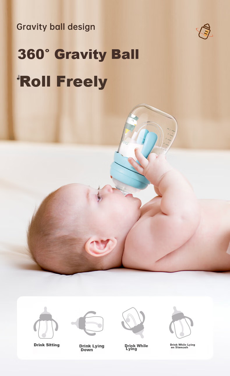 Potato Straw Bottle for Infants, Wide Mouth Glass Bottle with Handle And Gravity Ball, Suitable for 4 Months And Above, 240ml, Peach Pink 10