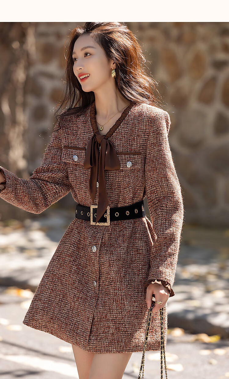 DME "Qianjin Madeleine" Winter Academy Little Chanel Style Chiffon Ruffle Hem Contrast Color Metal Buckle Concealed Flesh Women's Dress 8
