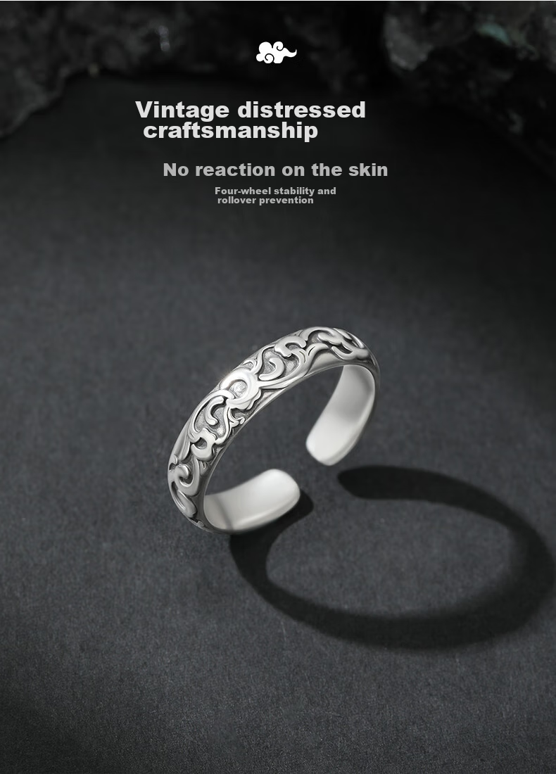 GLTEN Silver Ring for Men, Plain Band with Auspicious Cloud Design, Vintage Open Ring, Birthday Gift, Anniversary Present for Boyfriend Or Husband 6