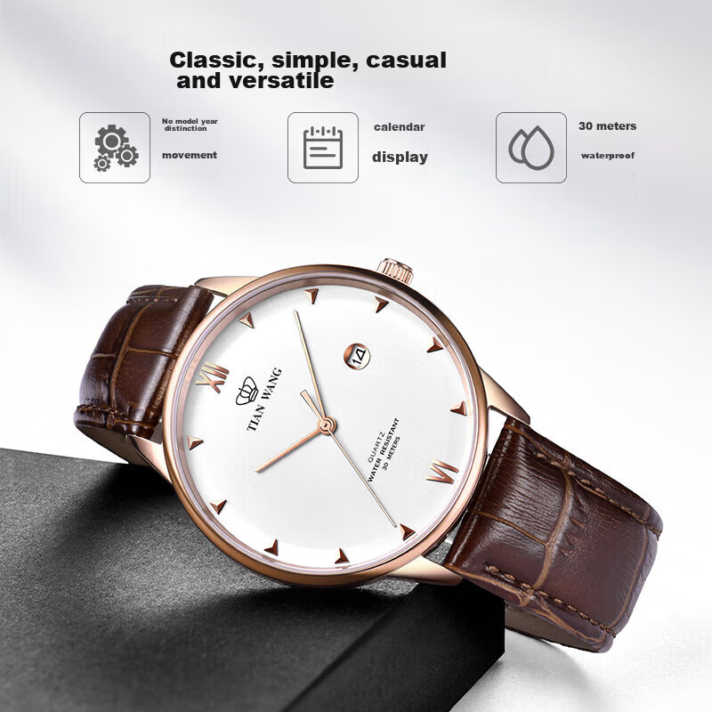 TIAN WANG Men's Watch, Birthday Gift Leather Strap Quartz Men's Watch Rose Gold GS31132P.D.LC.W
