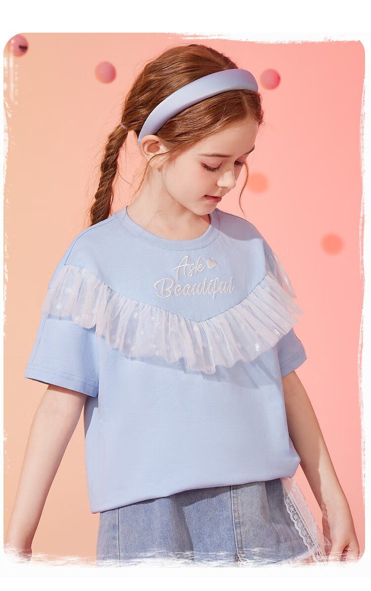ASK JUNIOR Children's Short-Sleeve T-Shirt, Summer 2026, Girls' Mesh Top with Letter Print, for Older Kids, Blue, Size 120 1