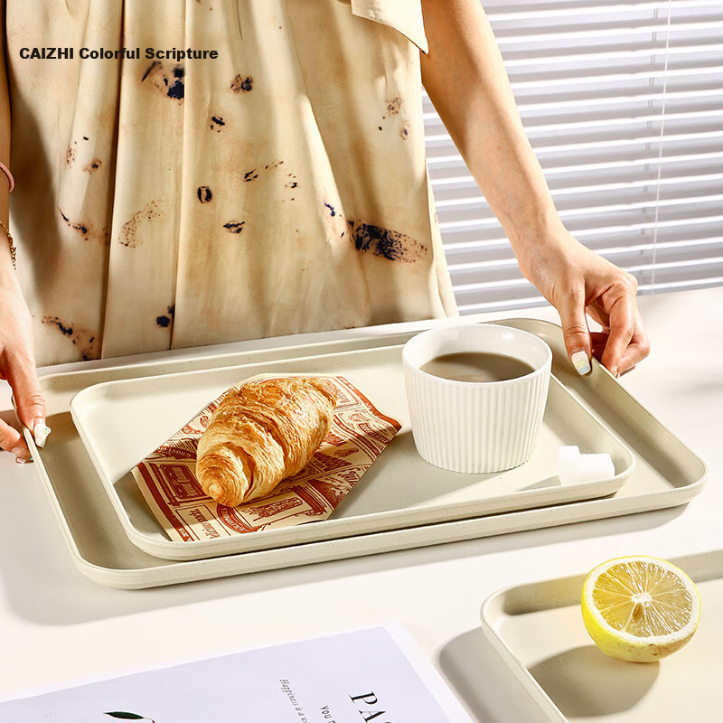 CAIZHI Rectangular Tray, Tea Tray, Household Fruit Plate, Breakfast Tray, Storage Tray, Living Room Snack Plate, Small Size, Beige, CZ6752