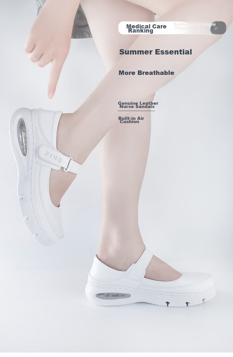 Feiying Air Cushion Nurse Shoes for Women, Spring And Summer Style, Genuine Leather, Glossy Surface, Velcro Medical Work Shoes 2-2013 White 40 1