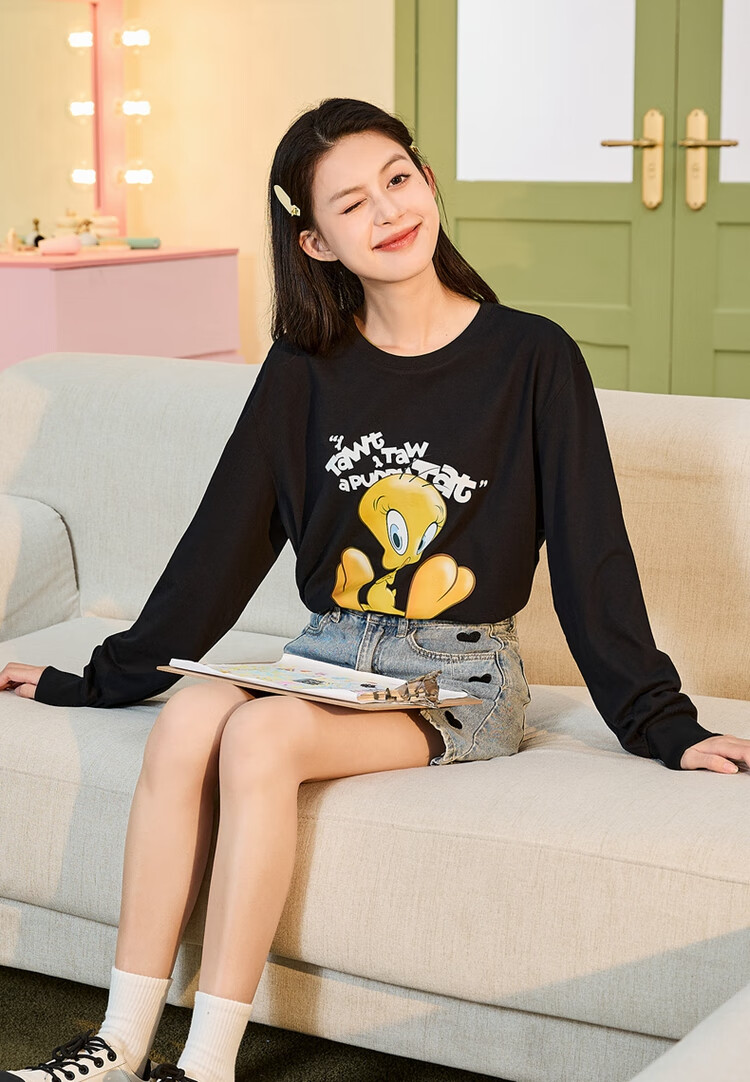 TonLion 2025 Long Sleeve T-Shirt for Women, Casual College Style Base Layer Top Inner Wear [Tubaguo Collaboration], Black, M 2