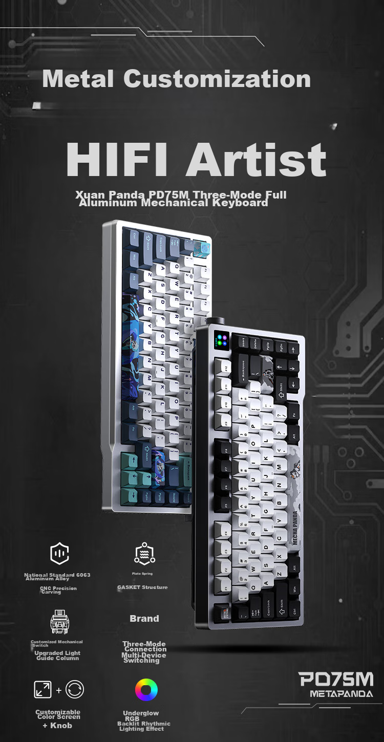 Xuanpai PD75M-V2 Custom Aluminum Mechanical Keyboard, Bluetooth Wireless Tri-Mode Gaming Keyboard, Aluminum Chitu Multimedia Color Screen with Knob, Sonyke Switches, White And Blue Keycaps 1