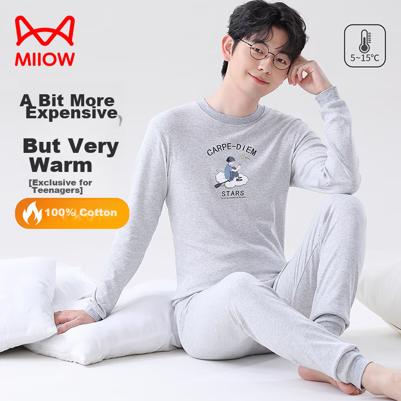 MiiOW Children's Thermal Underwear for Boys [100% Cotton + Youth] Autumn Undershirt And Pants, Big Kids' Base Layer Cotton Pajamas