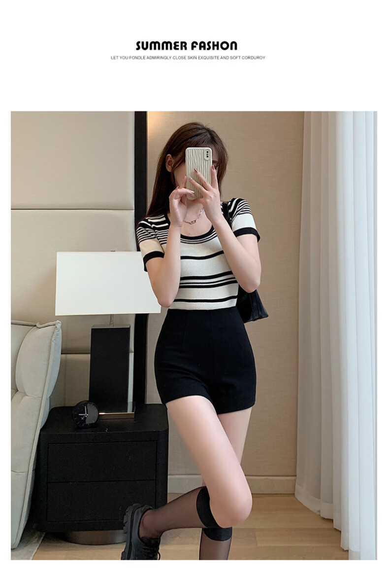 XUEXIMAN Women's Suit Shorts, High-Waisted Casual Pants for Summer Wear, Versatile Slim-Fit A-Line Black Leggings 2