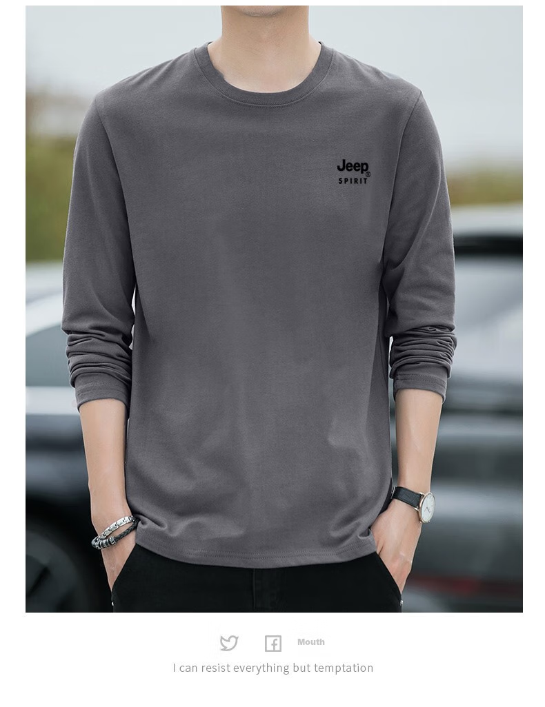 JEEP SPIRIT Men's Long-Sleeve T-Shirt, Spring And Autumn Undershirt, Pure Cotton Casual Sports Versatile Menswear, Black, 2XL 21