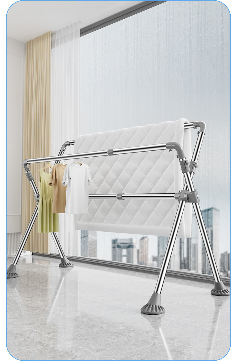 Jiabangshou Floor Clothes Drying Rack Folding Three-Rod Stainless Steel Telescopic Indoor Outdoor Mobile Quilt Rack 5