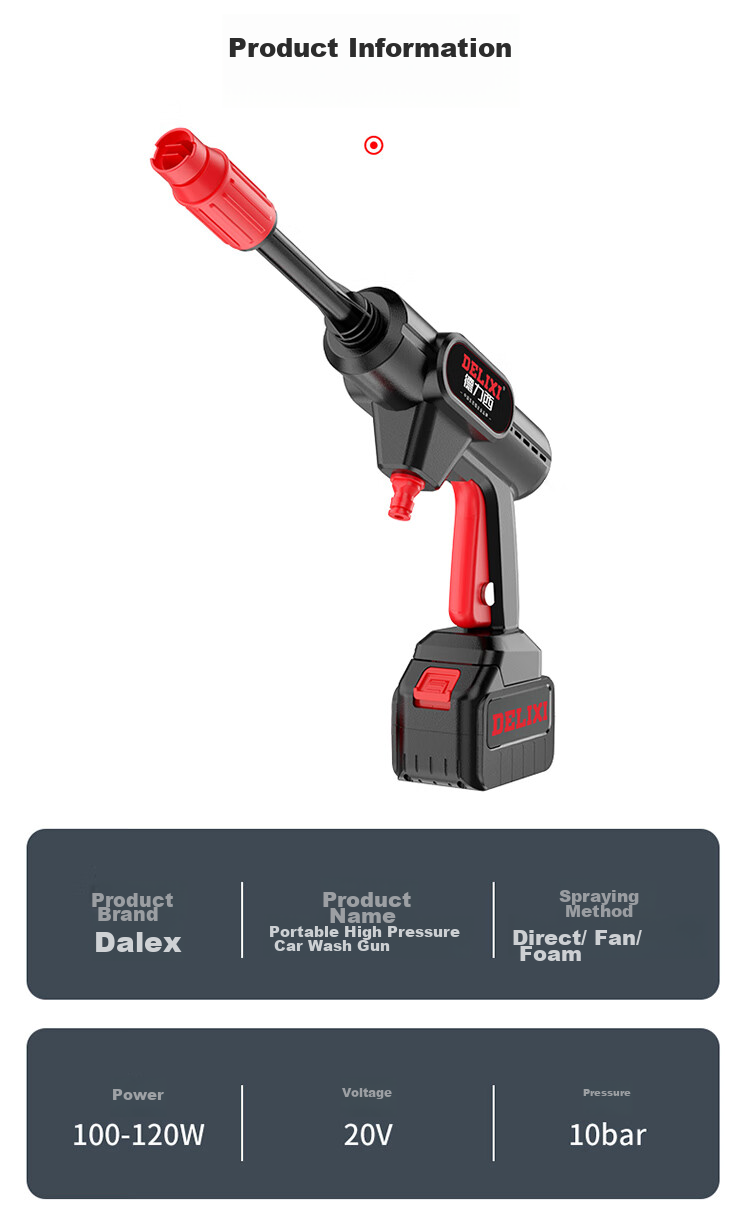 DELIXI High-Pressure Car Washer, Household High-Pressure Water Gun, Rechargeable, High-Power, Wireless Lithium Battery Car Washing Water Gun, 6AH Pressure Boost 18