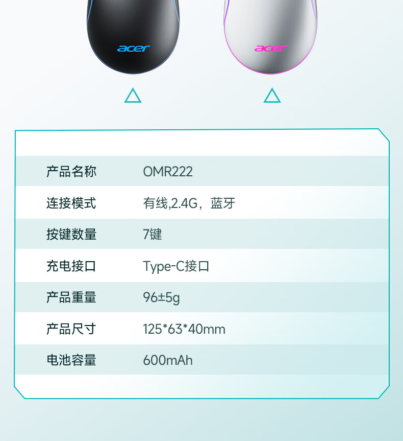 Acer Wireless Bluetooth Wired Tri-Mode Mouse Lightweight Type-C Charging 10000DPI Adjustable Computer Office Gaming Mouse OMR222 White 3