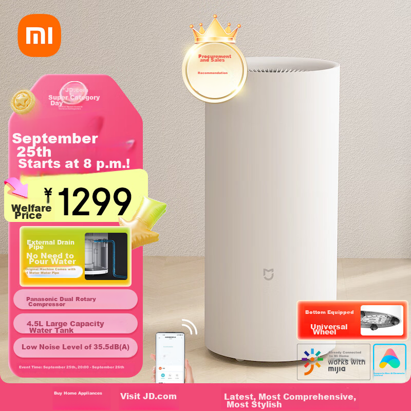 Mijia Xiaomi Smart Dehumidifier, 22L Capacity, for Home Living Room Bedroom Basement, Moisture Absorber, Clothes Dryer, CSJ0122