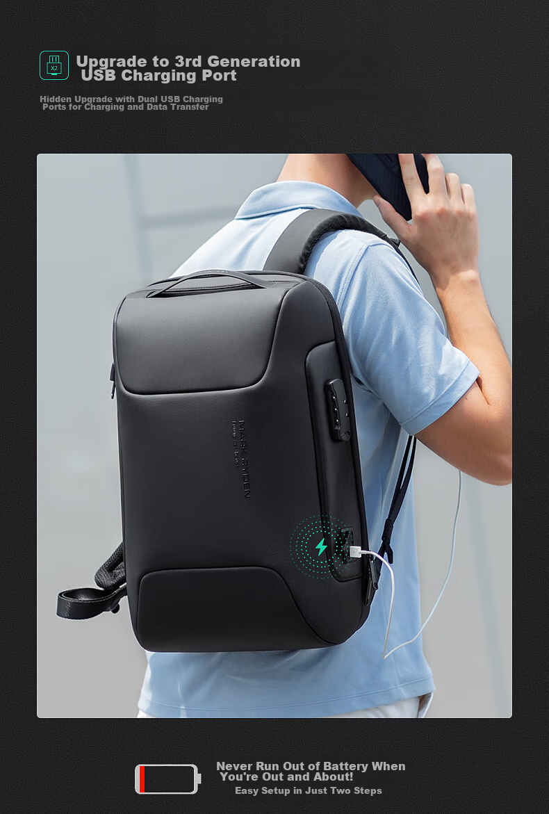 MARK RYDEN Backpack for Men, Password Lock Anti-Theft Large Capacity Casual Travel Sports Car Laptop Bag MR9116 Cool Black 14