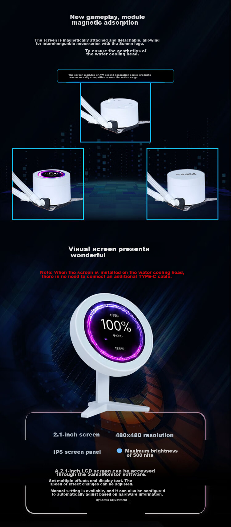 SAMA Second Generation XW360D Standard Fan Black Integrated 360 Water-Cooled CPU Cooler (2.1-Inch LCD Small Round Display) 3