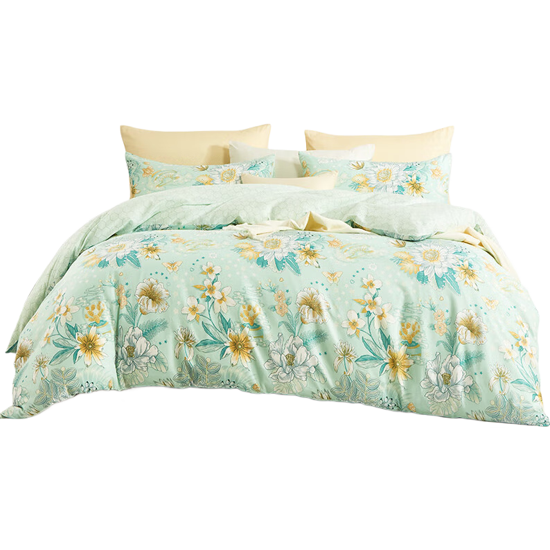 FUANNA Bedding Set, 100% Pure Cotton, Four-Piece Set Including Fitted Sheet, Duvet Cover, And Quilt, Double Size, Qingge Light Song Pattern, 230*229cm