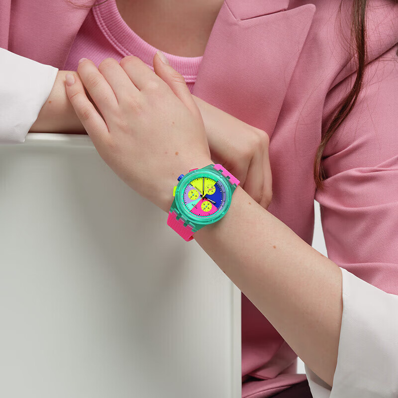 Swatch Swiss Watch, Three-Eye Chronograph Trendy Color-Block Retro Quartz Watch, Holiday Gift, Neon Luminous Marker