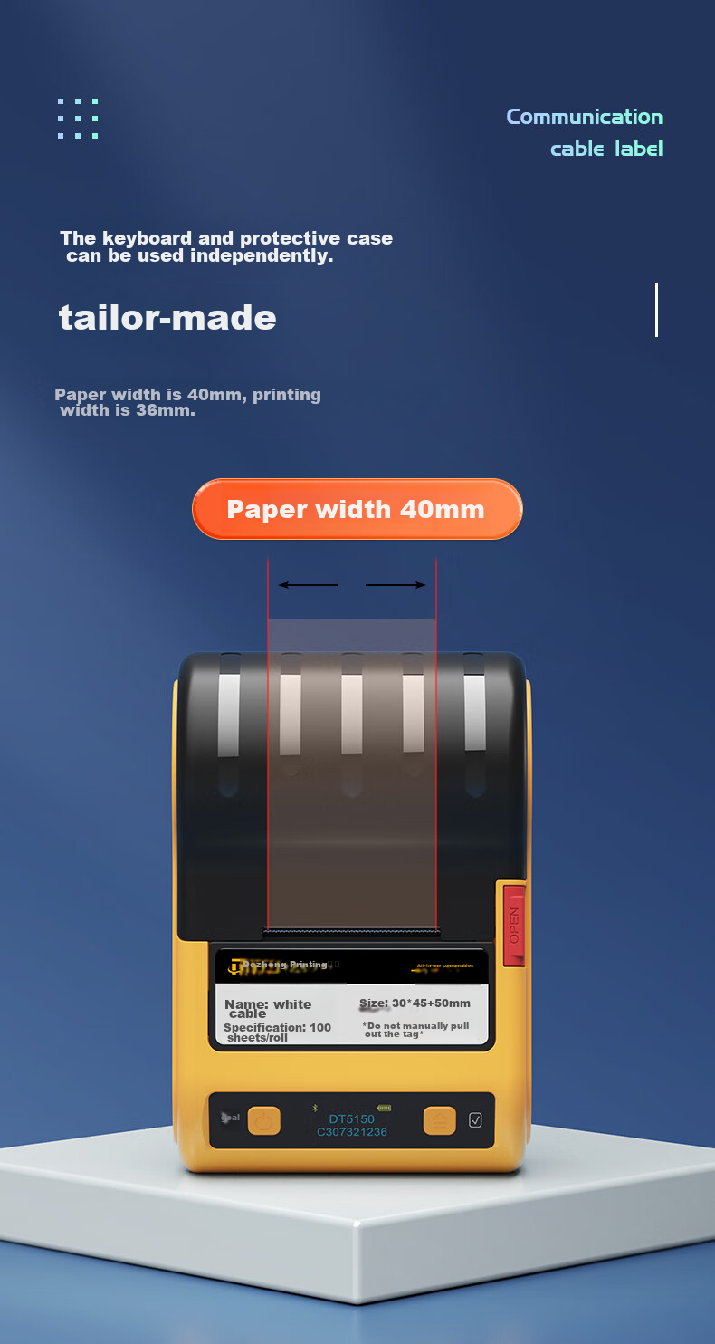 Detong DT5150 Thermal Transfer Cable Label Printer, Communication Room Network Cable Knife-Type Fiber Optic Outdoor Electrical Wire Handheld Portable Ribbon Box Label Machine, Comes with 1 Box of White Cable 13