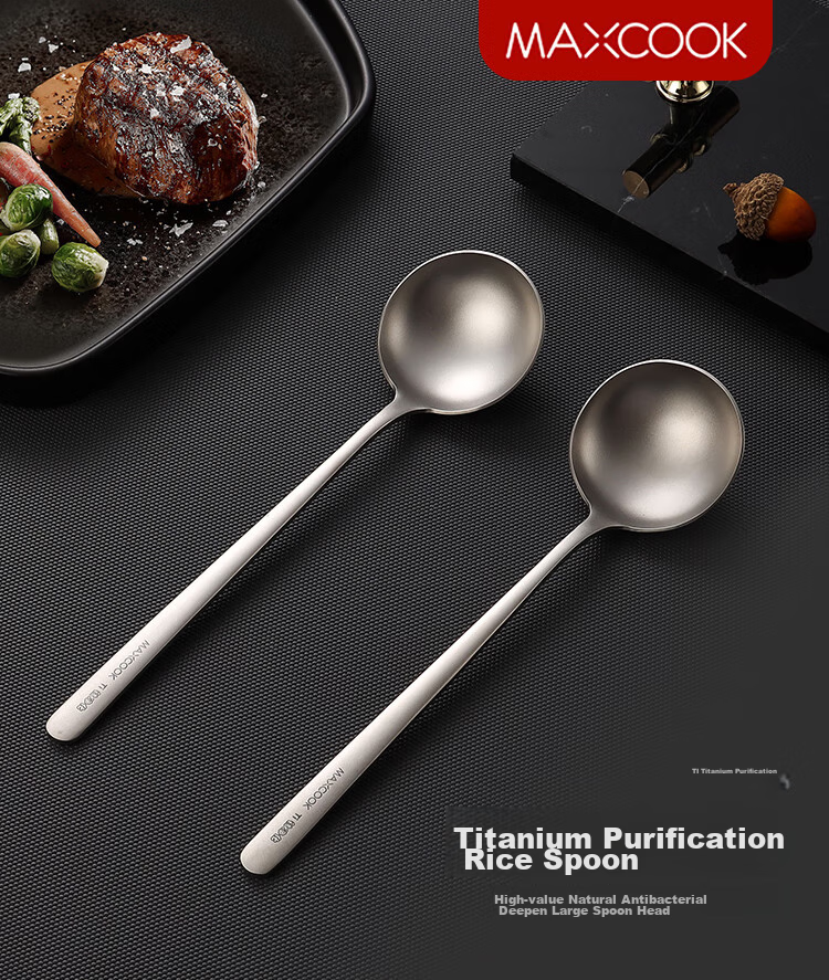 MAXCOOK Pure Titanium Soup Ladle And Spoon, Flat Bottom Large Serving Spoon Round Bottom Dining Spoon Rice Spoon MCCU1792 1