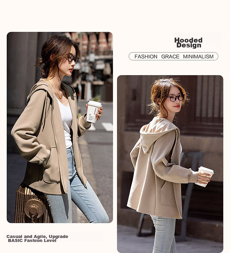 Dme [Stroll Outfit] Spring And Autumn Sporty Style 350G Air Layer Hooded Sweatshirt Jacket for Petite Women to Conceal Body Shape 6