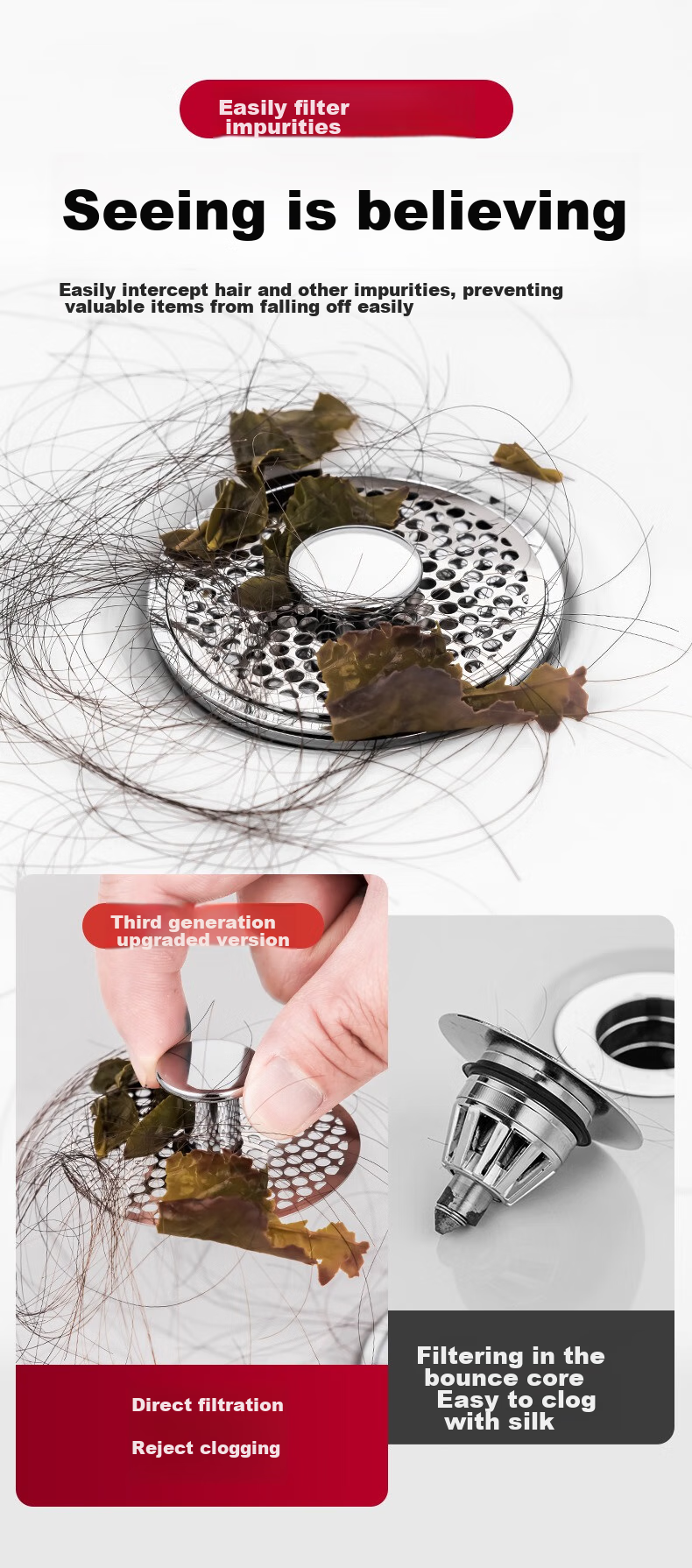 Pollock Sink Drain Stopper, Washbasin Pop-Up Core, Brass Sink Anti-Odor Device, Filter Screen MPXGL 4
