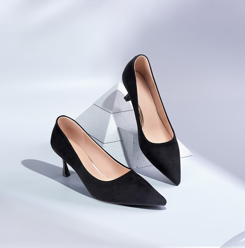 DAPHNE Qixi High Heels, Women's Suede Thin Heel Slip-On Professional Elegant Pointed Toe Pumps, Velvet Black (7cm Heel Height), Size 35 1