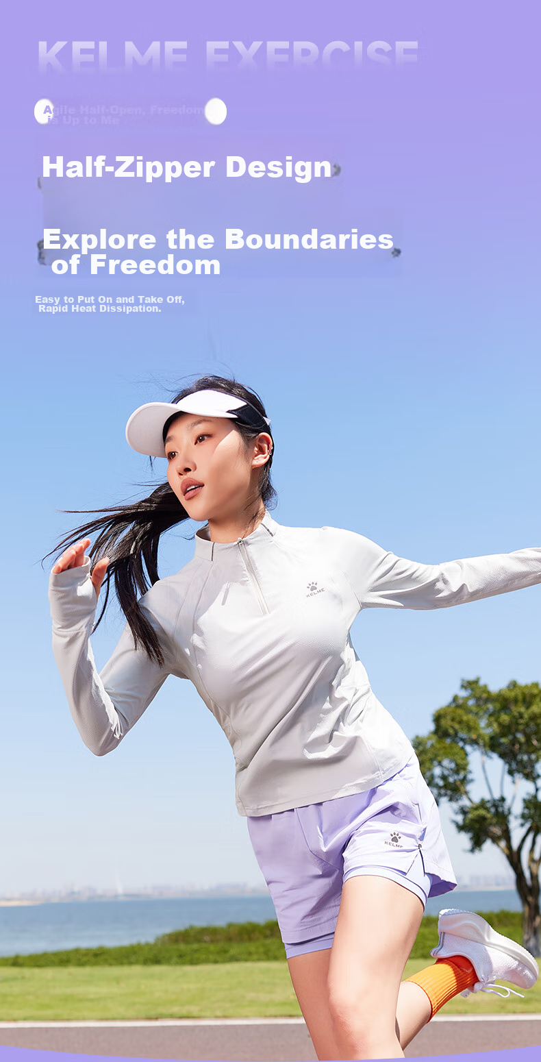 KELME Sun Protection Long-Sleeve T-Shirt, Running Quick-Dry Shirt, Half-Zip Lightweight Sports Top, Beige [Women's Style], L 5