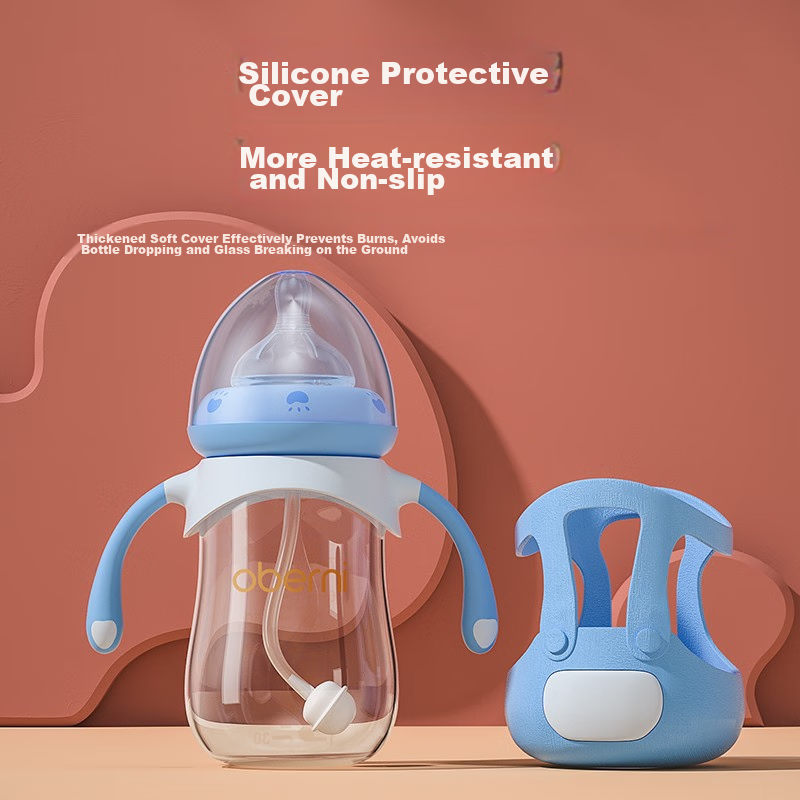 Oubeini Straw Bottle, Wide-Mouth Glass Bottle, Baby Bottle with Handle for 6 Months to 1-3 Years Old