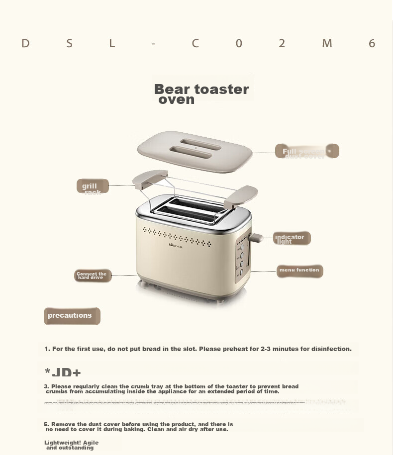 Bear Bread Maker, Toaster Oven, Automatic Breakfast Home Small Bread Toaster for Steamed Buns, Stainless Steel Baking Wonder DSL-C02M6 16